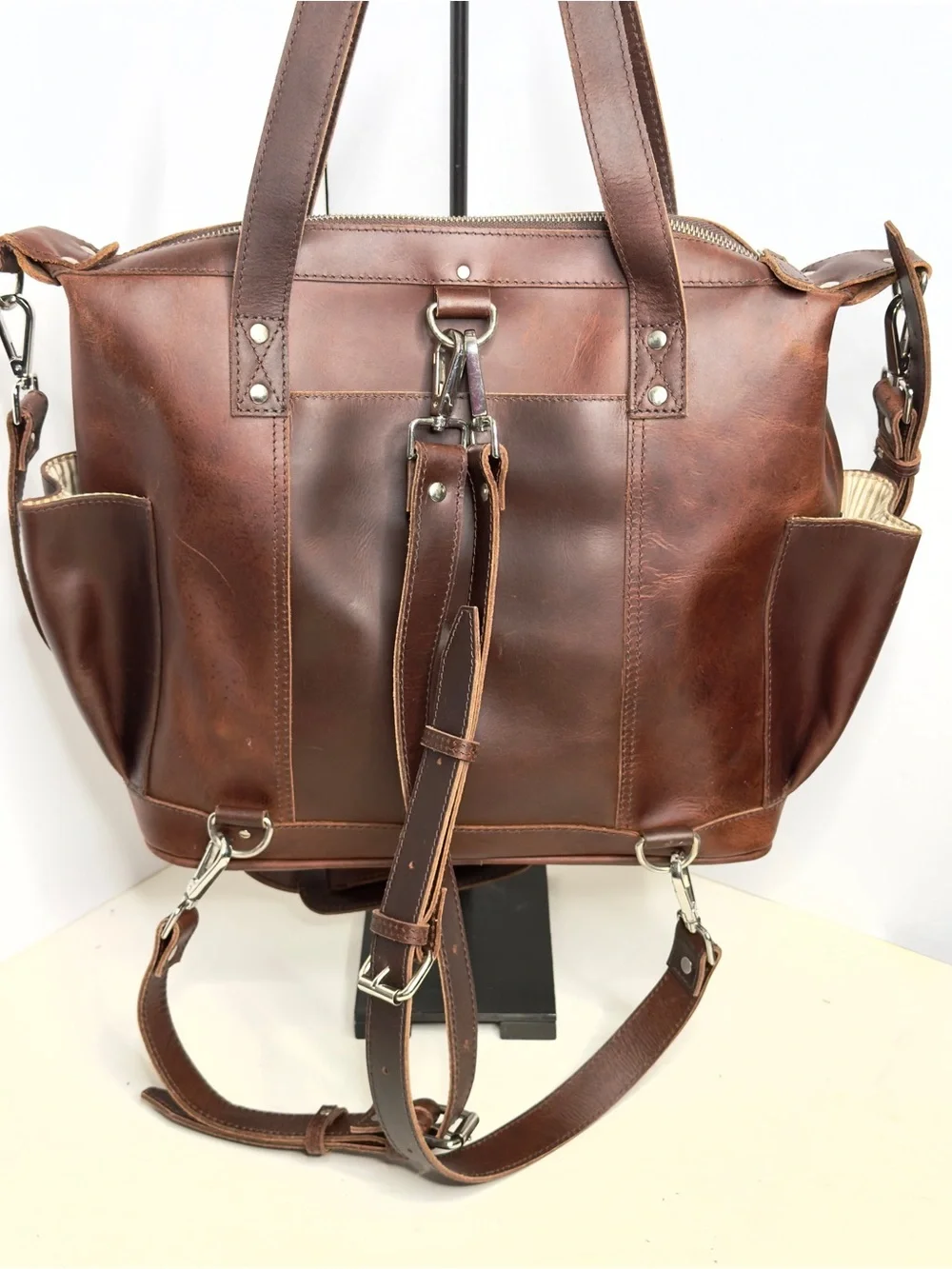 Western Look Convertible Brown Leather Tote with cross stitch Geo. Front Tote